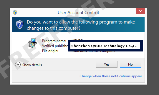 Screenshot where Shenzhen QVOD Technology Co.,Ltd appears as the verified publisher in the UAC dialog